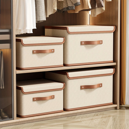 Two large fabric storage bins with lids, designed for organizing clothes, towels, and underwear. They are foldable and space-saving, with an unfinished appearance and insert mount design for easy transport and storage in travel, home, dorm, bedroom, or