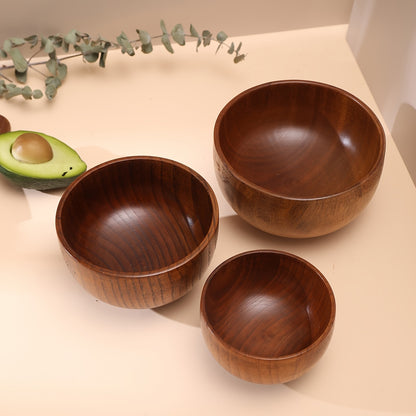 Acacia wooden bowl for rice, soup, noodles; durable and suitable for indoor and outdoor use, anti-scald; daily kitchen tableware.