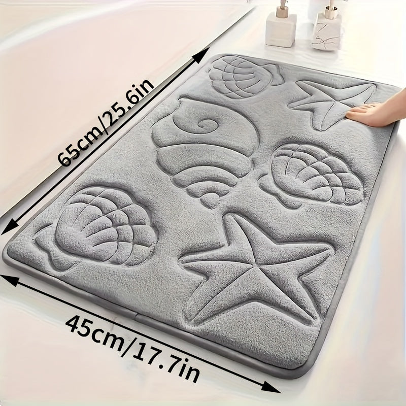 High-density 25D sponge bath mat with ultra-soft starfish and shell embossing, offering super absorbency and non-slip properties. Ideal for bathtubs, showers, and home decor. This bath accessory features high-frequency embossing for a touch of elegance