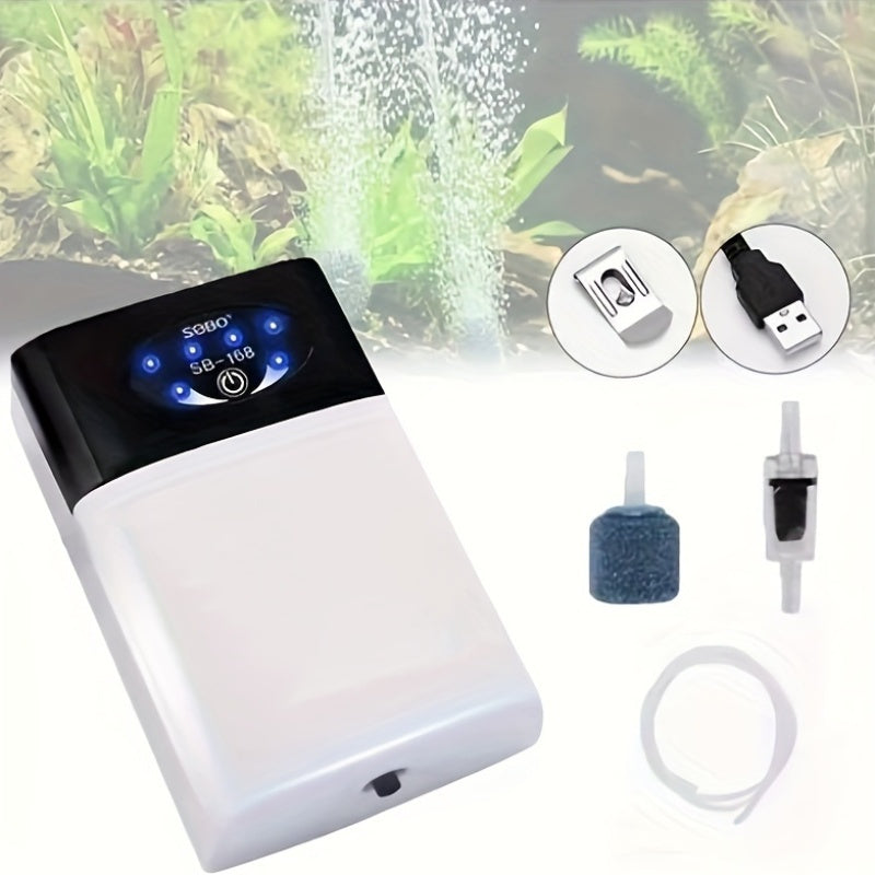 Rechargeable portable aquarium air pump with tube for fish tank breeding.