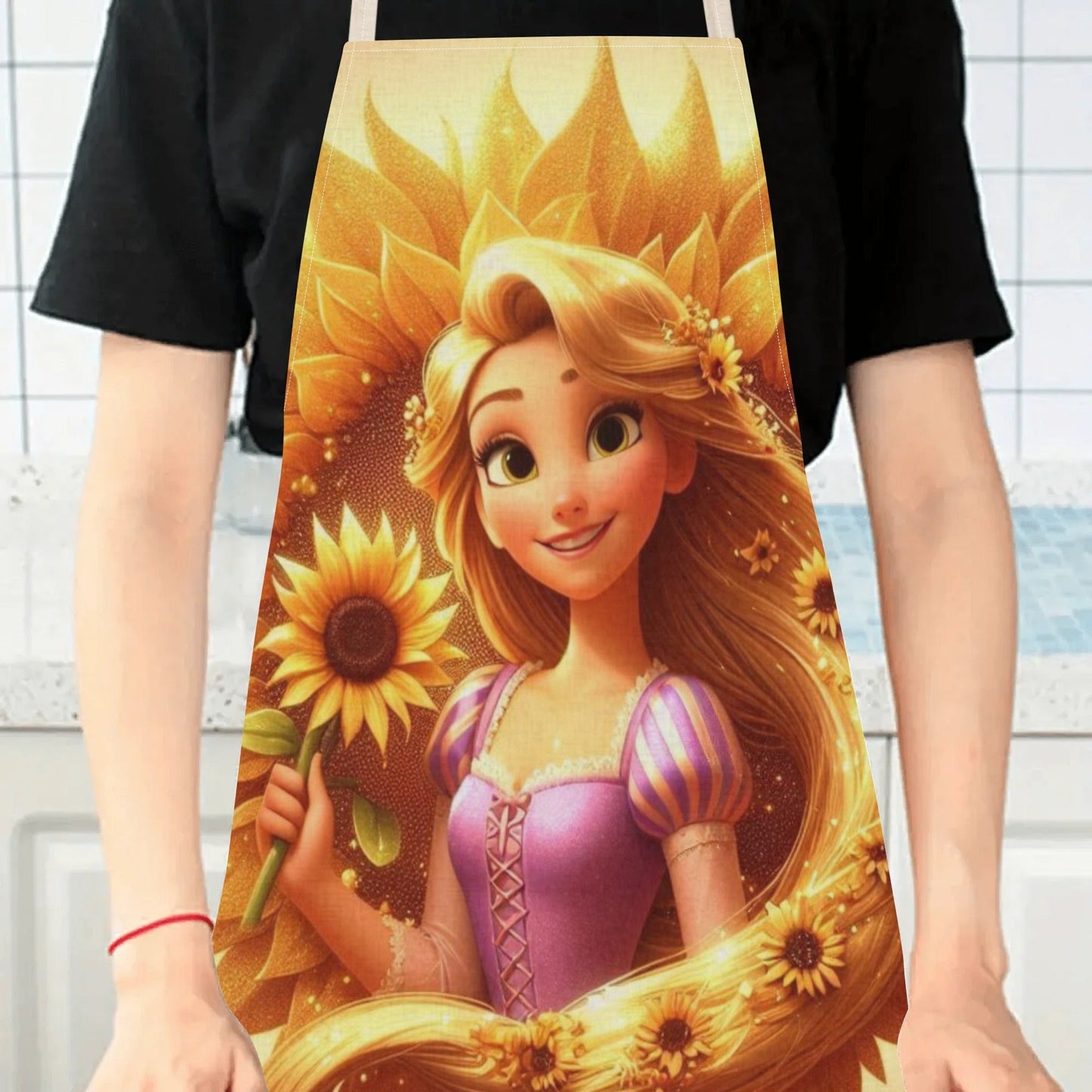 Waterproof Disney Elsa apron featuring a vibrant cartoon princess design with sunflowers. Perfect for use in homes, restaurants, cafes, and supermarkets. Made from durable polyester for easy care and versatility. Glossy finish adds a polished touch to