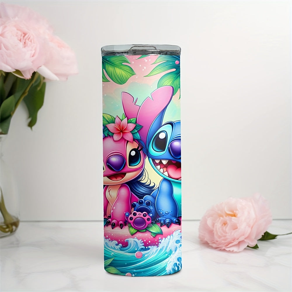 20oz Disney stainless steel cup with Stitch and Angel characters, wave print design. Ideal for hot or cold beverages. Great gift for Christmas or Valentine's Day.