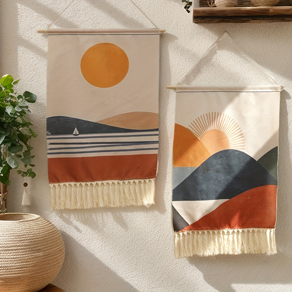 This linen wall tapestry features a fringe border and a bohemian sun and sailboat design, perfect for adding artistic flair to your living room or bedroom decor. Suitable for ages 14 and up.