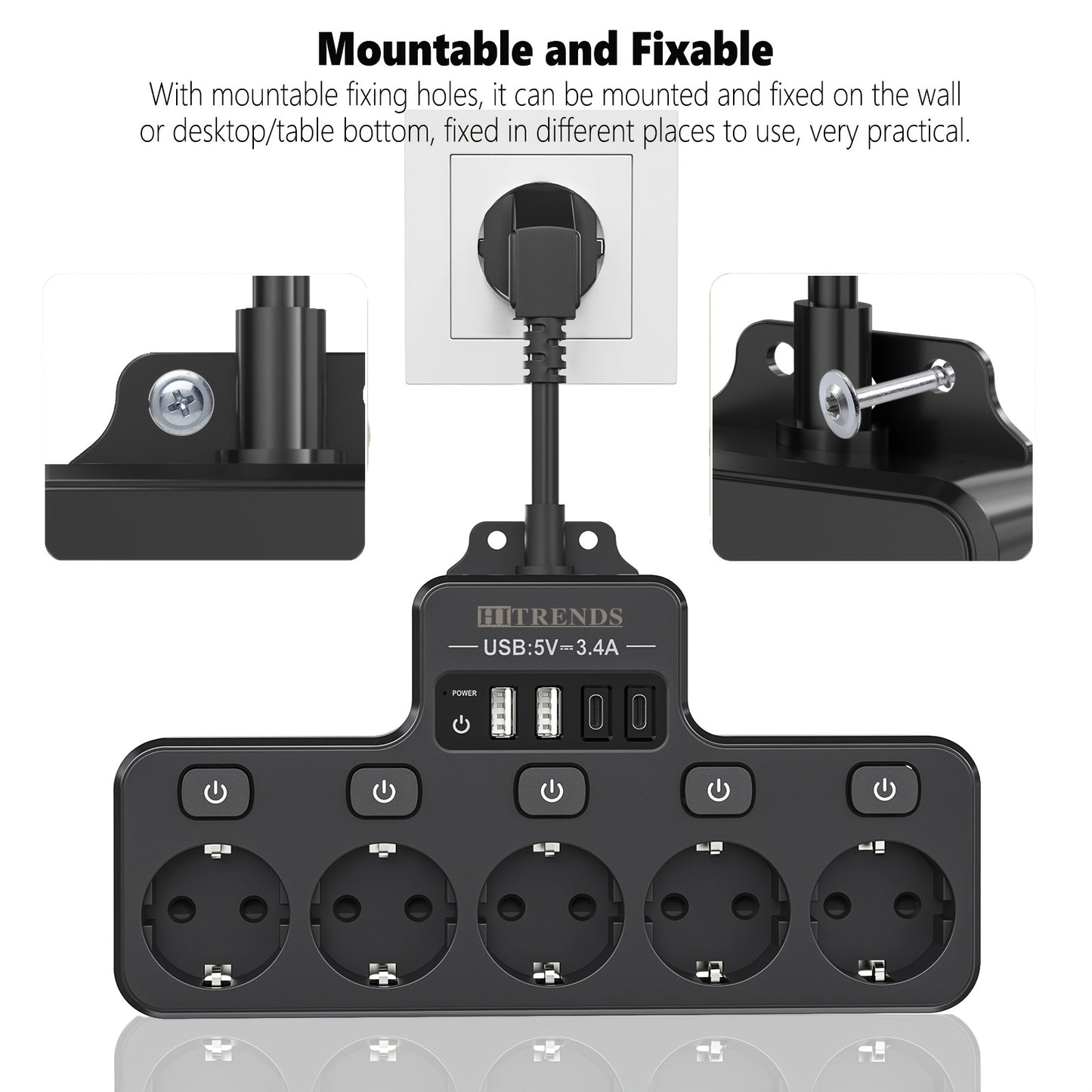 Power strip with 5 EU sockets, 2 USB-A ports, and 2 USB-C ports, smart charging, individual switch, flexible cable, wall-mounted for home, office, dorm use.