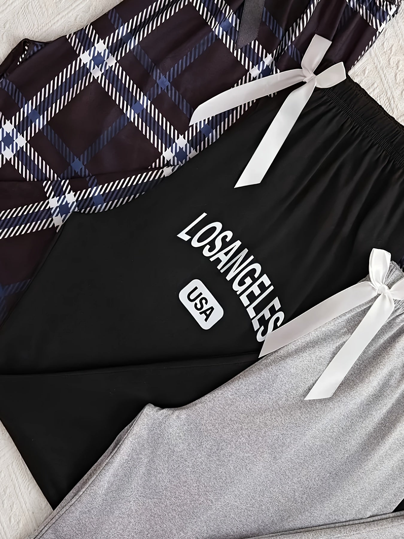 3 plus size lounge pants with letter & plaid prints and bow elastic waistband for women.