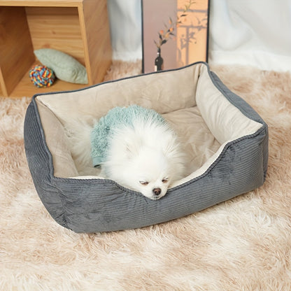 Square pet bed for medium to large dogs, cozy and warm with polyester fiber and pillow cushion, perfect for winter comfort. Beige, non-assemblable design.