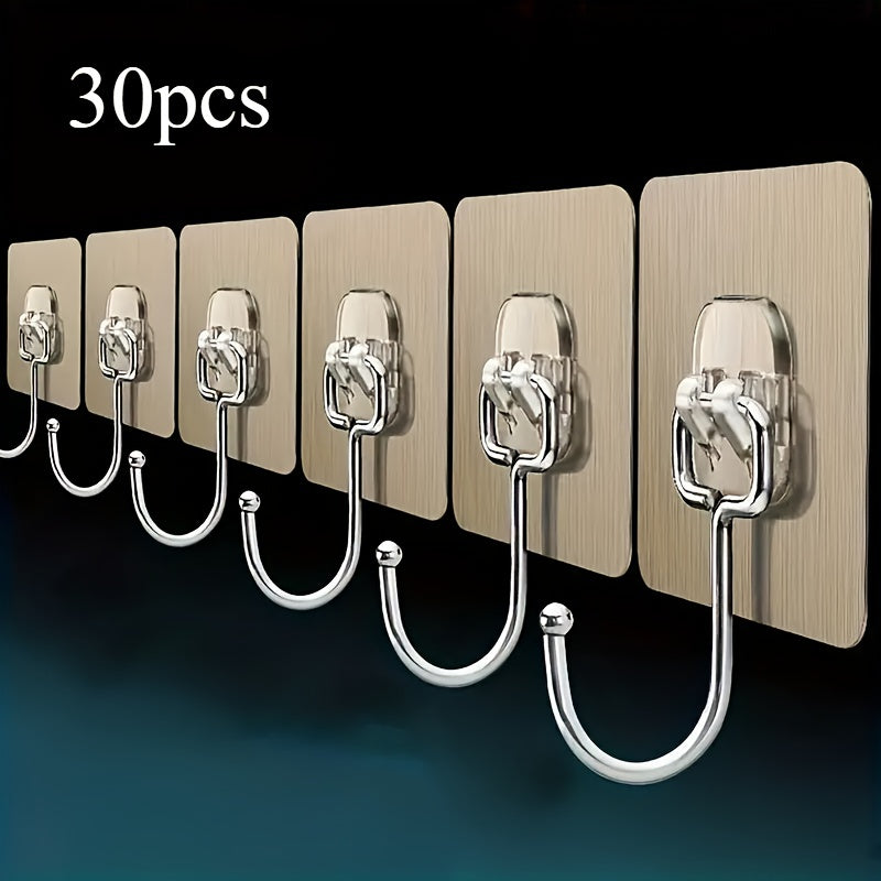 Ultra-Strong Adhesive Wall Hooks available in packs of 5, 10, 20, 30, and 50. Transparent, reusable, punch-free design suitable for bathroom and kitchen use. Waterproof and oilproof