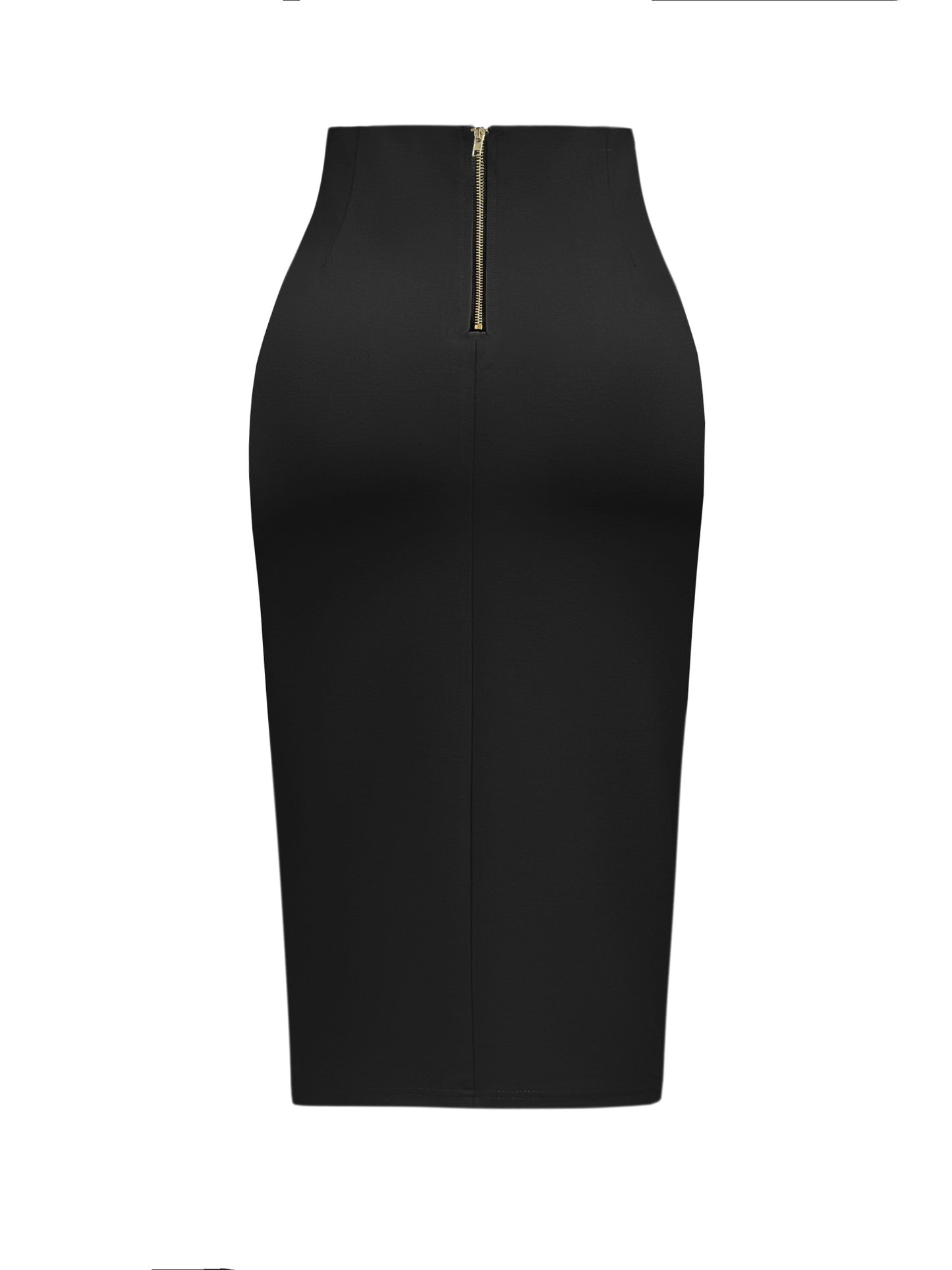 Stylish black midi skirt for women with a chic slim silhouette, high-waisted design, and side slit, made with a stretchy rayon blend ideal for spring/summer fashion.