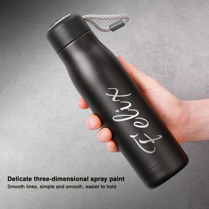 Personalized thermos bottle with laser-engraved text on stainless steel featuring rope design.