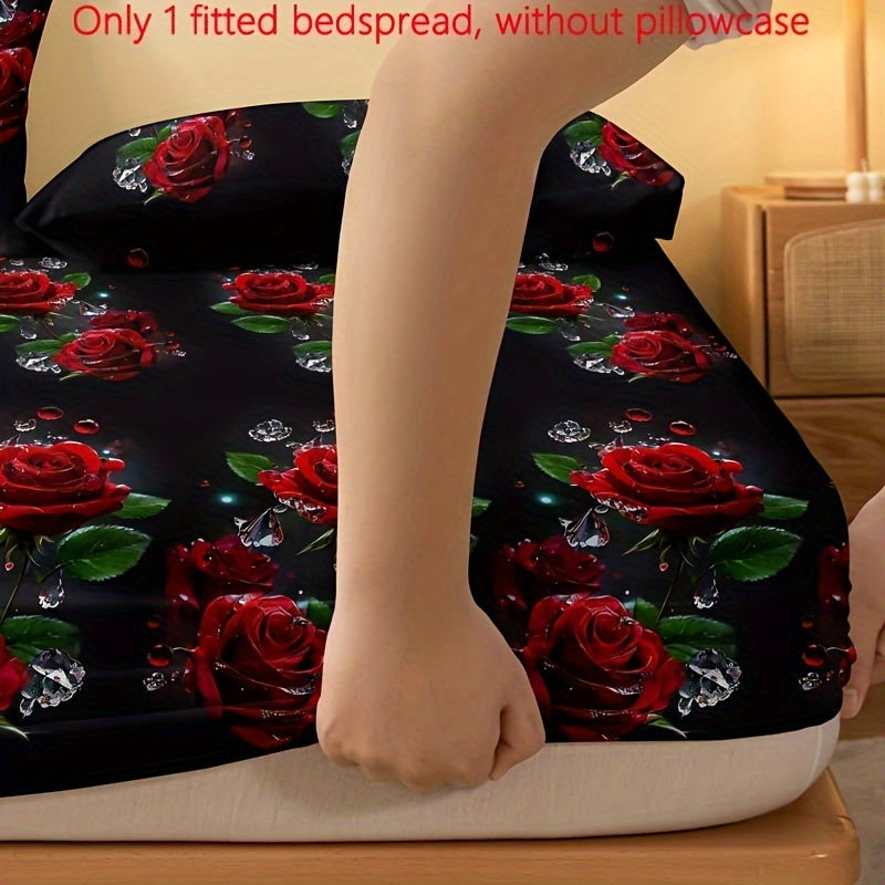 1pc Brushed Fitted Sheet (Without Pillowcase) with 3D Iced Out Red Rose Print, Soft and Comfortable Bedding for Bedroom or Guest Room, Deep Pocket, Fitted Bed Sheet Only