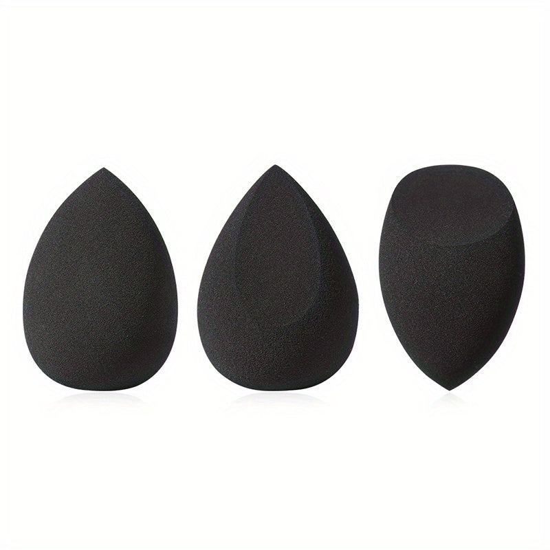 Set of 3 makeup sponges for dry and wet use, expanding egg-shaped cosmetic sponges for foundation and concealer application.