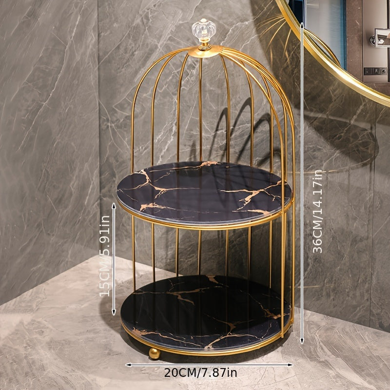 Elegant golden and white marble birdcage-inspired 2-tier makeup organizer with stainless steel rack and electrostatic spray finish. Portable and freestanding for bathroom and bedroom decor.