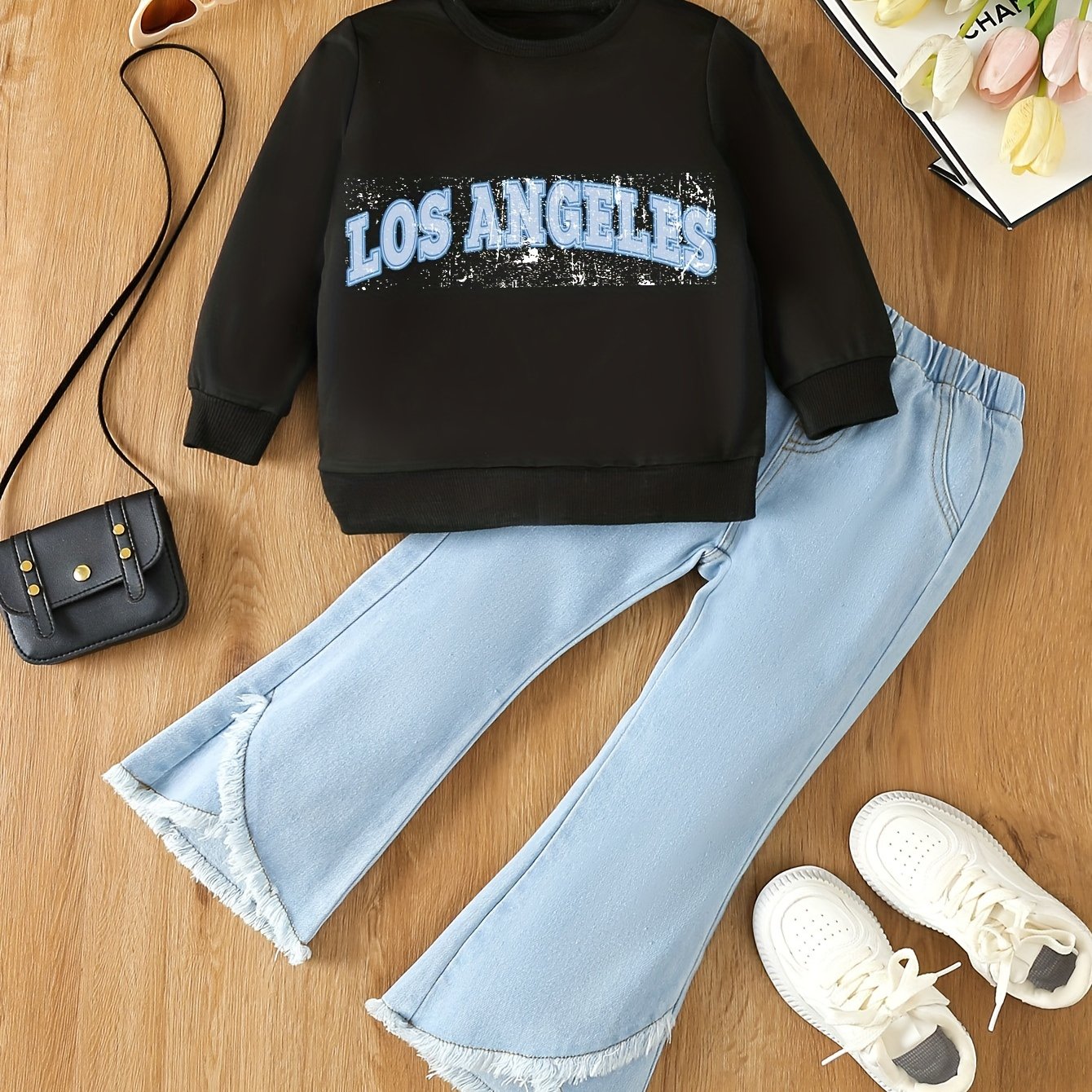 Girl's casual style sweatshirt with letter print and denim bell-bottomed fringe pants set for spring and autumn