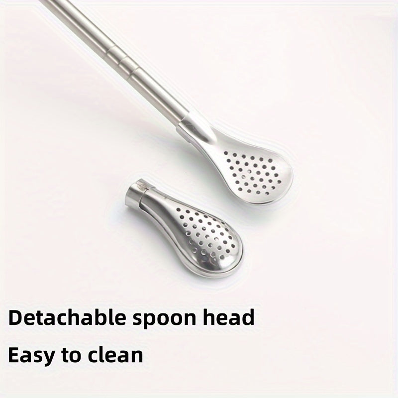 Set of 3 stainless steel straws with spoons, including a stirring spoon, detachable cleaning straw, juice milk tea filtering straw, and straw brush. These drinkware accessories are essential kitchen supplies.