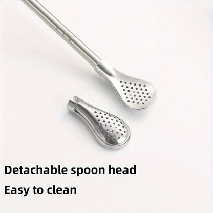 Set of 3 stainless steel straws with spoons, including a stirring spoon, detachable cleaning straw, juice milk tea filtering straw, and straw brush. These drinkware accessories are essential kitchen supplies.