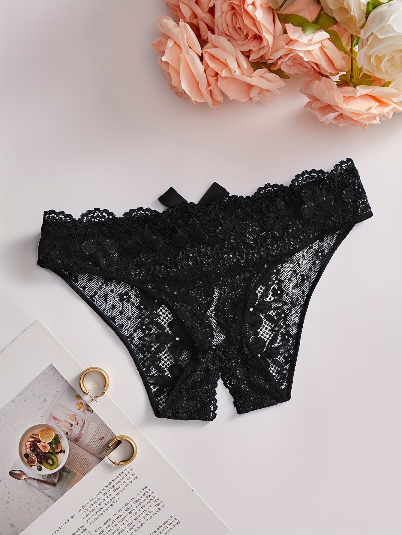 See-through lace crotchless briefs for women's sexy lingerie.