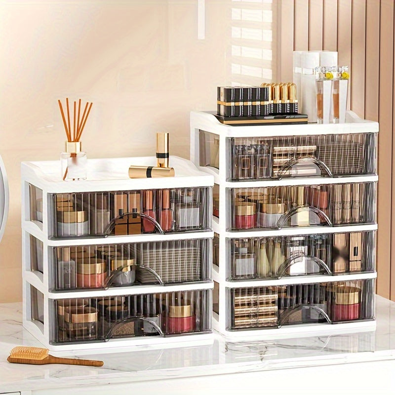 Elegant stackable organizer for cosmetics and jewelry, made of transparent materials.