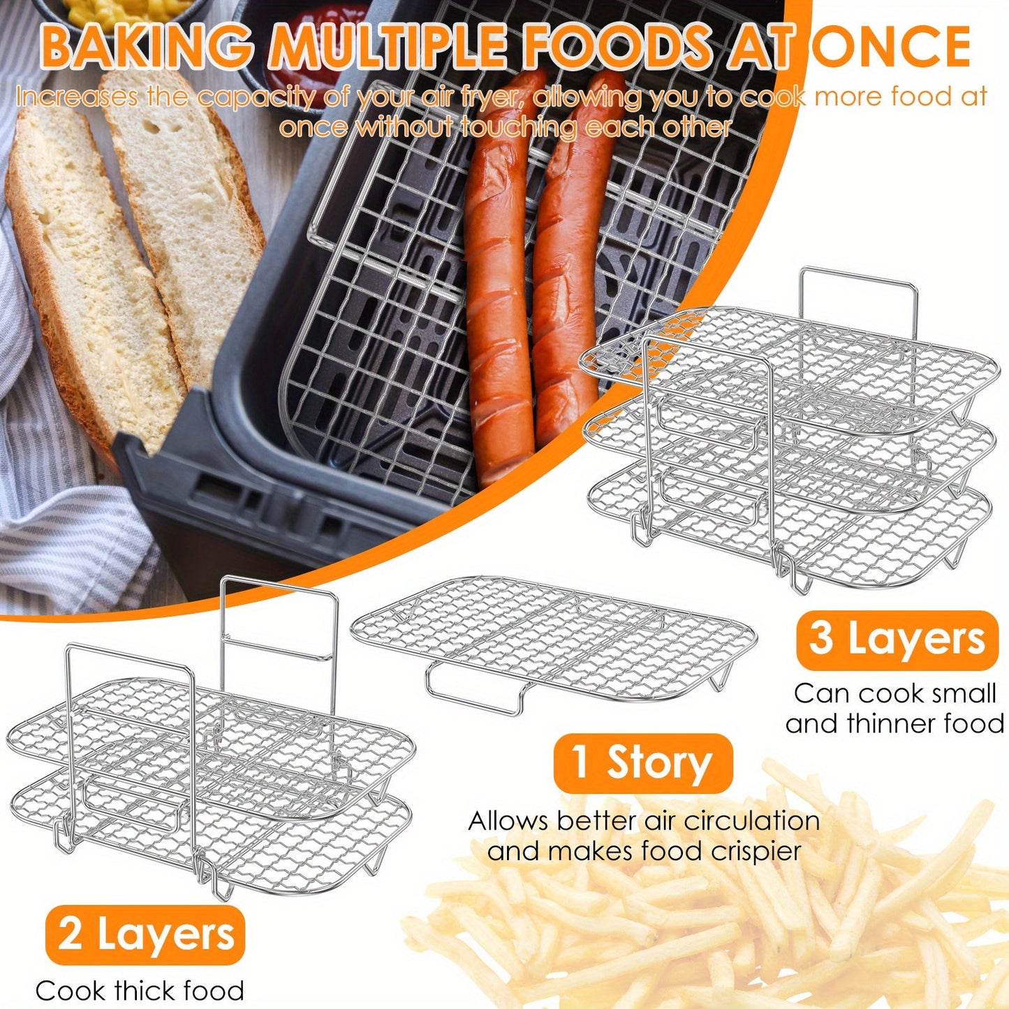 Stainless Steel 3-Layer Air Fryer Rack with Dehydrator Functionality - Stackable, Multifunctional Grill Rack for Double Basket Air Fryer Cooking and Baking