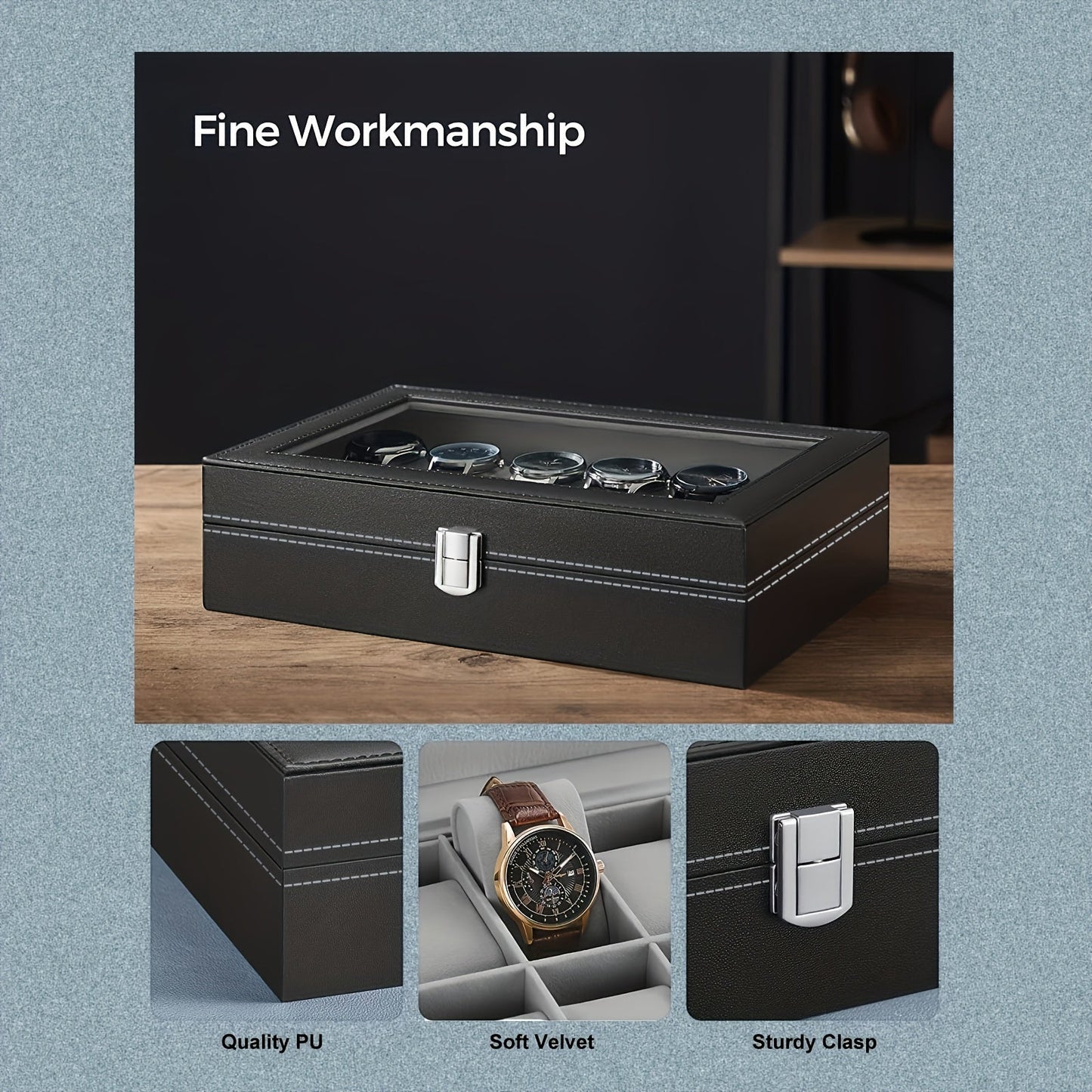 This watch storage box features 12 slots in a sleek gray design, with a transparent cover and PU leather wrapping. It makes for the perfect gift option.