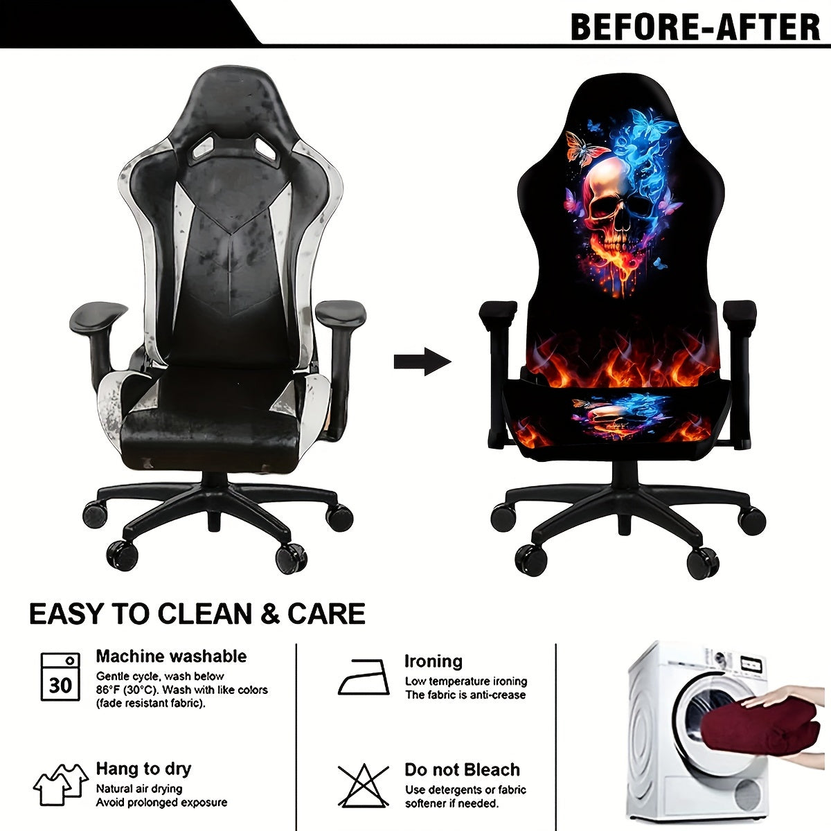 Stretchable and washable gaming chair cover with eclectic skull design, made of premium milk fiber fabric. The one-piece slipcover boasts high elasticity and easy fit, featuring a digital