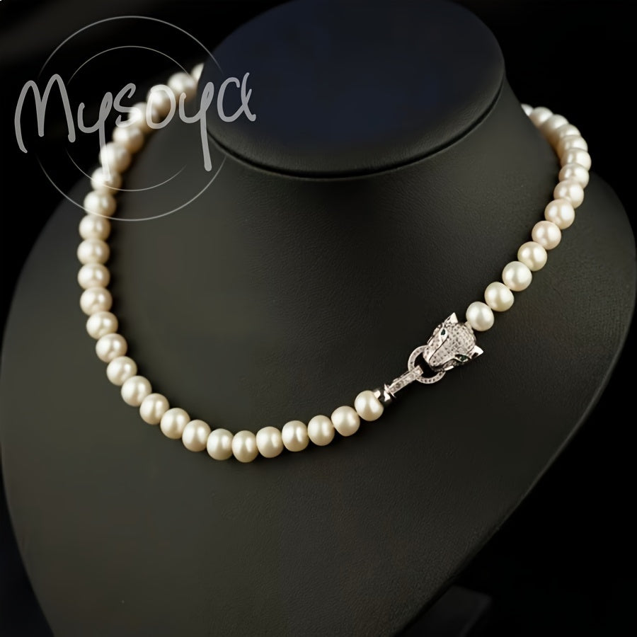 MYSOYA presents an exquisite luxury set of freshwater pearl jewelry featuring a stylish leopard head clasp. Handcrafted with genuine 8-9mm pearls, this unisex necklace and bracelet set is the perfect natural June birthstone accessory. Give the gift of