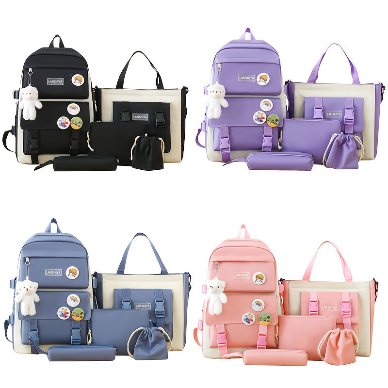 5-piece school bag set includes canvas backpack with plush bear, badge, coin purse, pencil case, handbag storage pouch, and crossbody bag for college. Cute style with stitching detail and