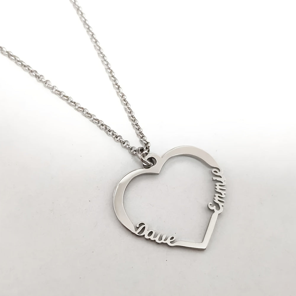 Personalized Heart Necklace with Two Custom Names, Stainless Steel Double Name Necklace, Personalized Name Necklace with Heart Pendant, Customized Necklace with Two Names