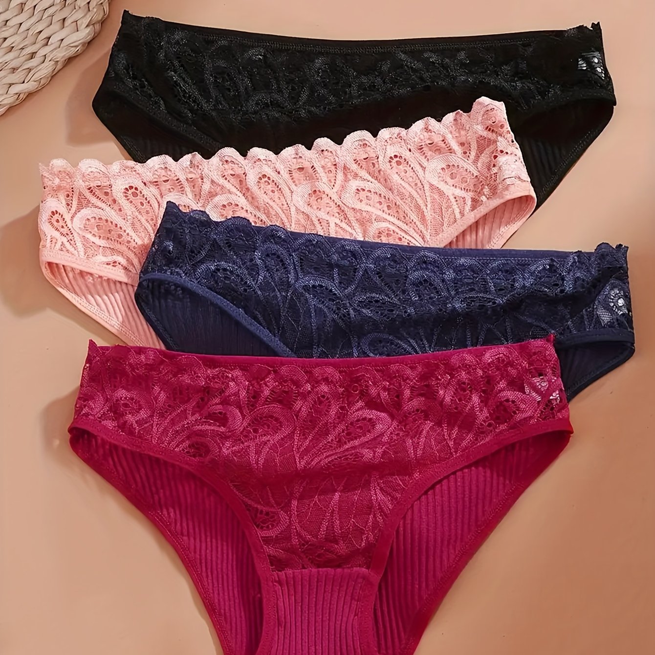 Set of 4 elegant lace triangle briefs, comfortable and breathable for autumn and winter.