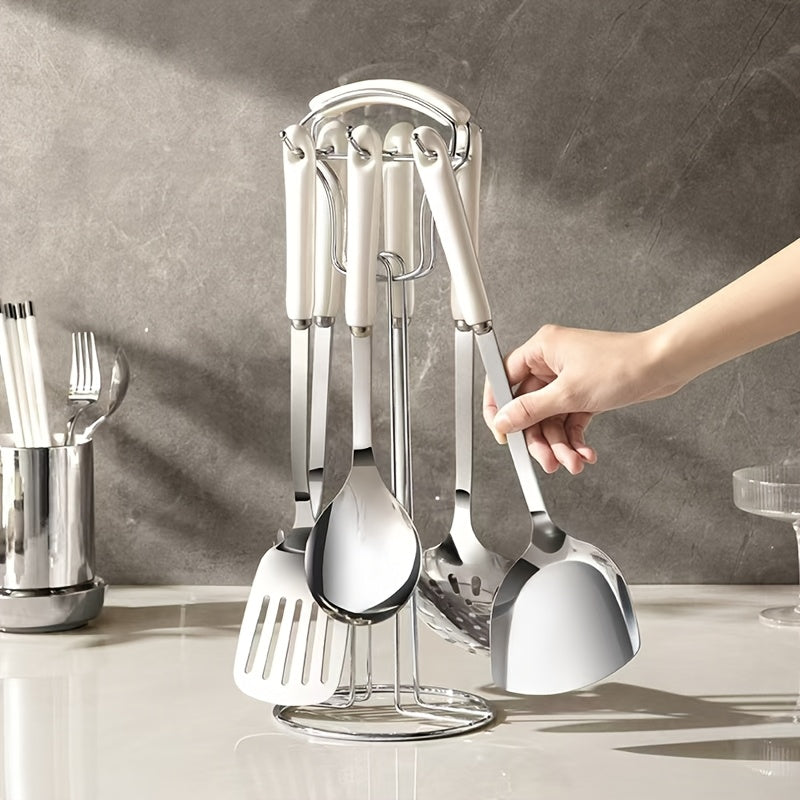 Set of 7 Stainless Steel Kitchen Utensils with Ceramic Handles - Great for Cooking & Baking, Perfect Christmas Present