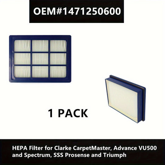 One HEPA Filter suitable for use with Clarke CarpetMaster, Nilfisk Advance VU500 and Spectrum, SSS Prosense and Triumph, Equivalent to OEM#1471250600.