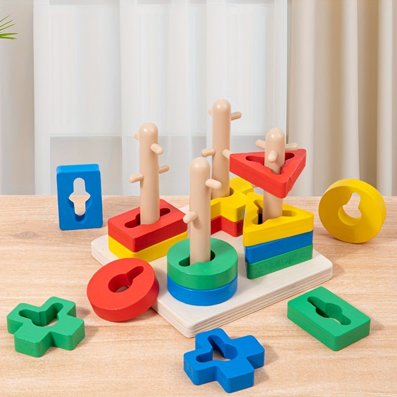 Educational wooden geometric shape sorter puzzle with stacking rings and blocks for cognitive development.