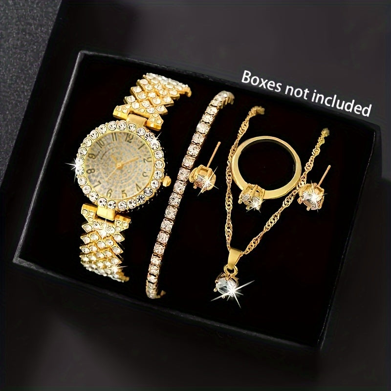 6-piece women's golden-toned quartz watch & jewelry set with rhinestone detailing, includes wristwatch, necklace, bracelet, ring, and earrings, ideal gift set with vintage style.