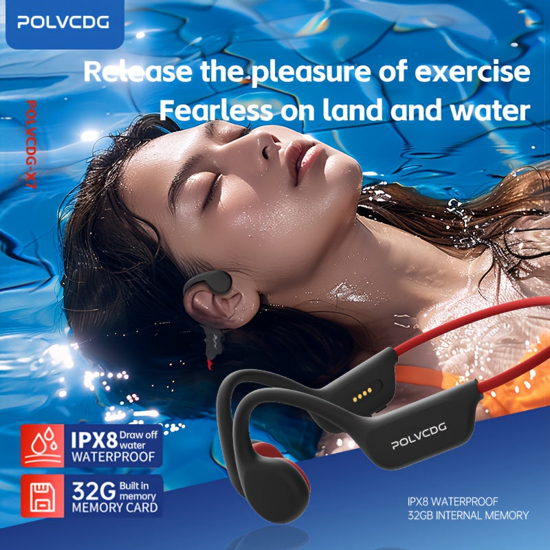 1pc POLVCDG X7 Wireless Bone Conduction Headphones with 10H playtime, 32GB memory, open-ear design, volume control, and compatibility with phones for swimming, running, cycling, and fitness.