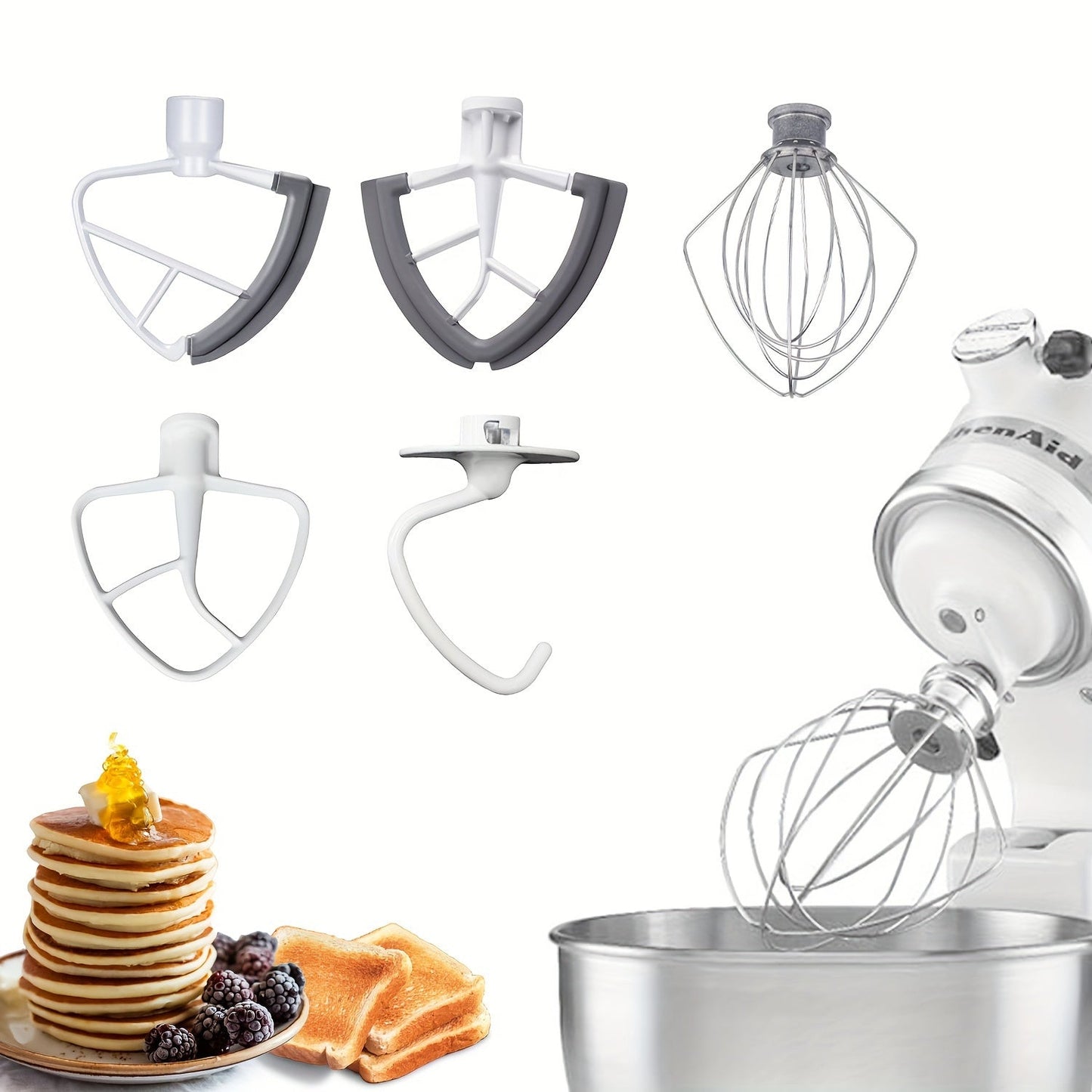 Includes a 4.5/5 Quart Wire Whip, Coated Hook, Flat Coated Beater, and Flex Edge Beater designed for Tilt-Head Stand Mixers. Features an All-Metal Die Cast Flat Beater Paddle with Flexible Silicone Edges for Bowl Scraping. Also includes a Flour Cake