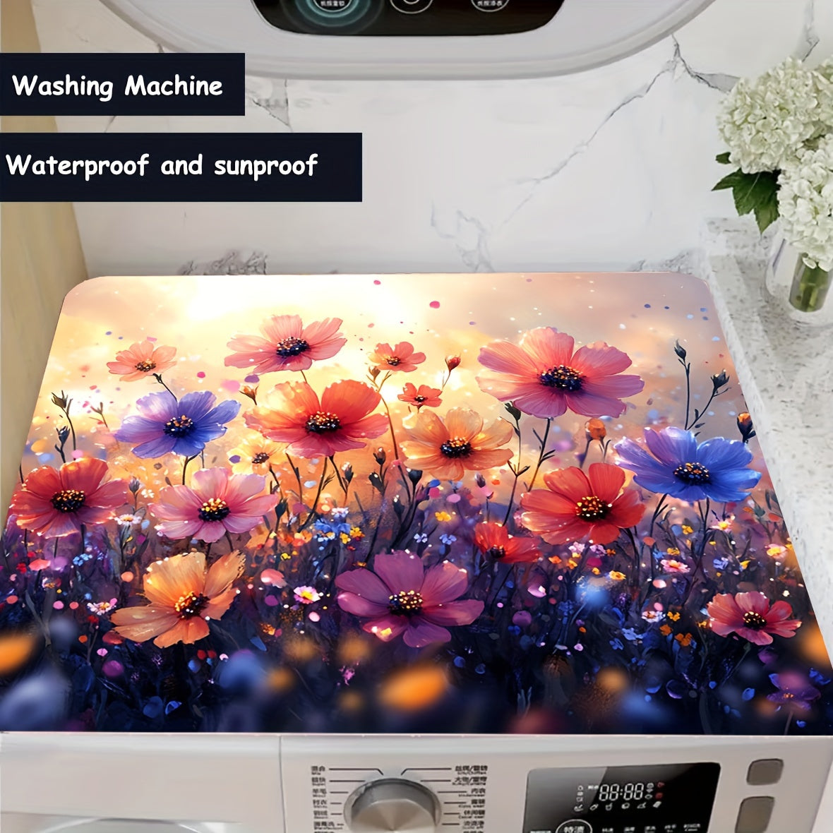 1pc Floral Washing Machine Dust Cover Mat made of polyester, perfect for protecting your washer, dryer, and small appliances. This universal quick-dry top pad is not only practical but also adds a modern touch to your home decor. Its absorbent and