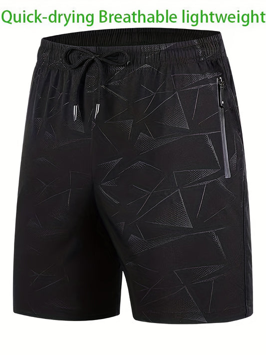 Plus Size Men's Athletic Shorts - Quick-dry, breathable polyester with geometric print, elastic waistband, drawstring, and zipper pockets. Great for running, fitness, cycling, and hiking.