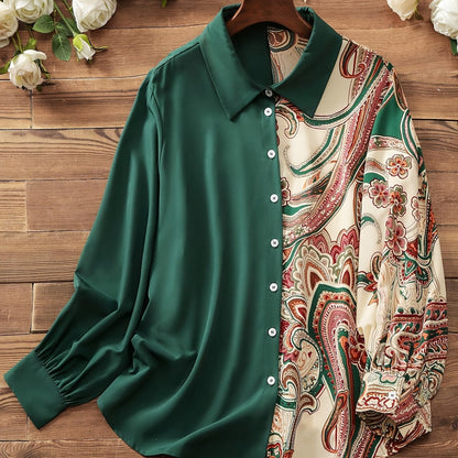 Stylish plus size paisley print blouse for women - long sleeve, button-up, non-stretch polyester, machine washable