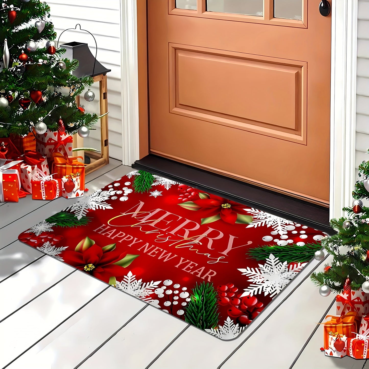 Christmas Red Door Mat - Large Non-Slip Entrance Rug - Indoor/Outdoor Camping Carpet - Absorbent Flannel Material - Machine Washable - 0.47-inch Thick - 600g/m² - Rectangular - Anti-Stain - Anti-Slip - Floral Pattern - Holiday Home Decor - Bedroom