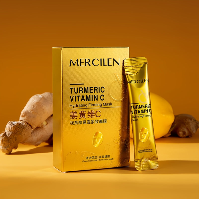 MERCILEN Turmeric Vitamin C mask provides deep cleansing and moisture, suitable for all skin types..GraphicsUnit contains 10 pcs, with ingredients like Retinol, Aloe Vera, and Hyaluronic