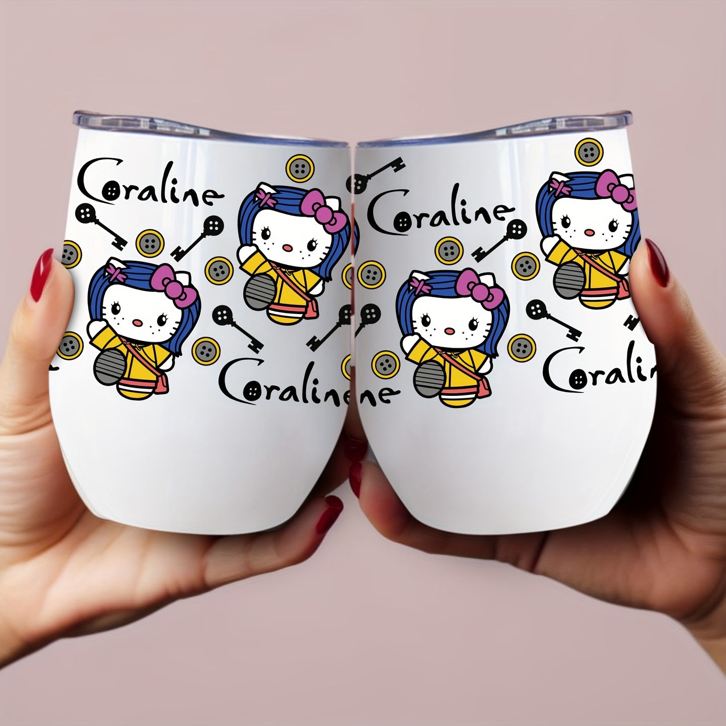 Hello Kitty & Coraline Stainless Steel Tumbler with Lid, 12oz Oval Leakproof Coffee Mug, Hand Wash Only, PVC Free, Perfect Christmas Gift.