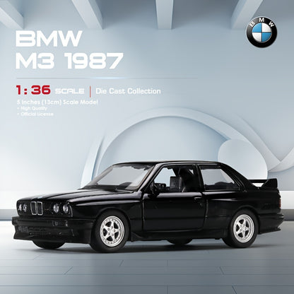 1987 BMW M3 Diecast Model - 1:36 Scale Alloy Toy Car with pull-back action in White/Black, ideal birthday gift for youngsters in winter.