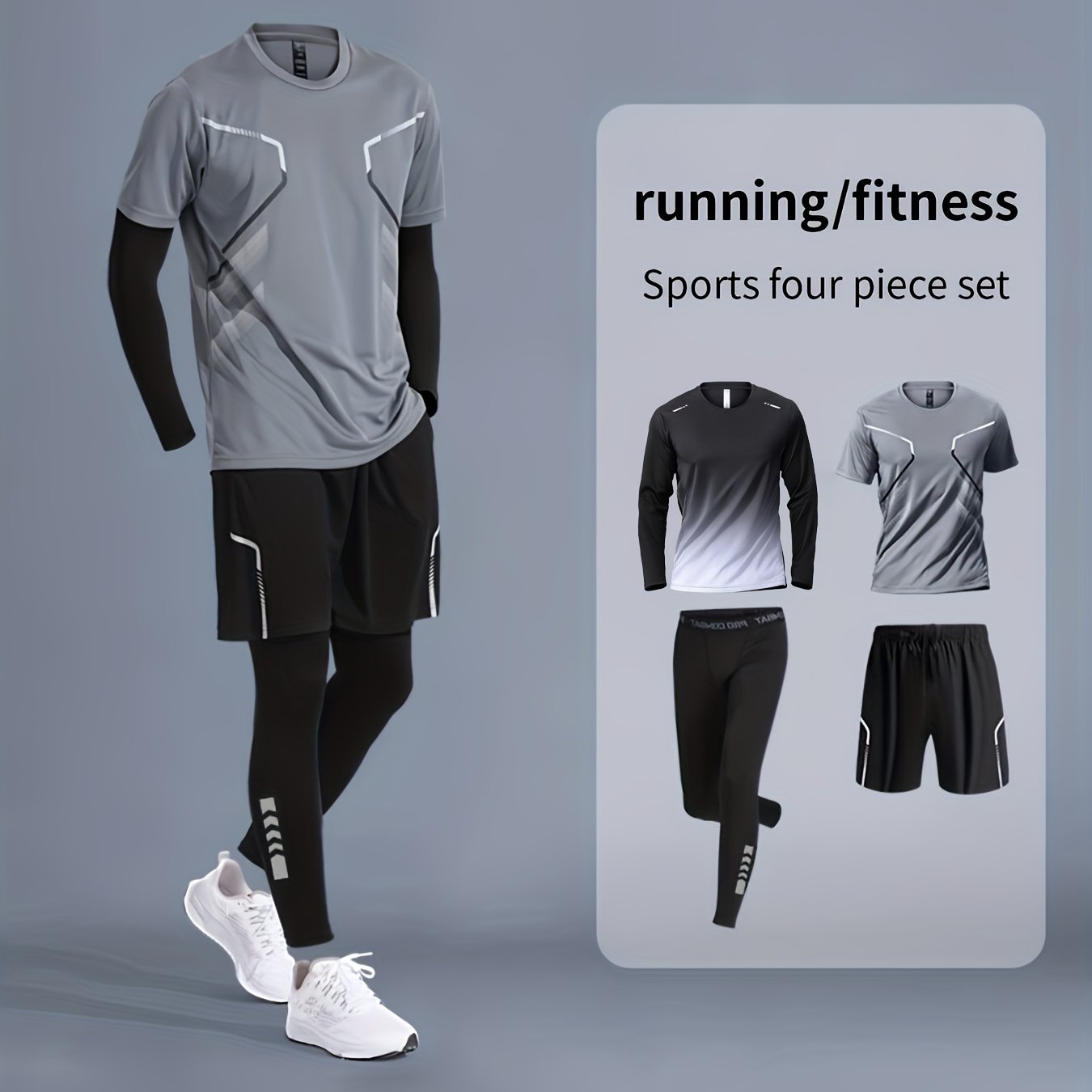 Men's sportswear set for running and gym, designed for all seasons with quick-dry fabric. Perfect for morning runs and cycling with tight-fitting gear.