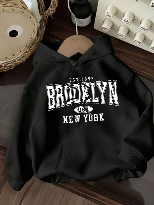 Brooklyn Graphic Hoodie for Women - Casual Black Polyester with Front Pocket, Machine Washable, Cozy Oversized Fit, Perfect for Fall/Winter