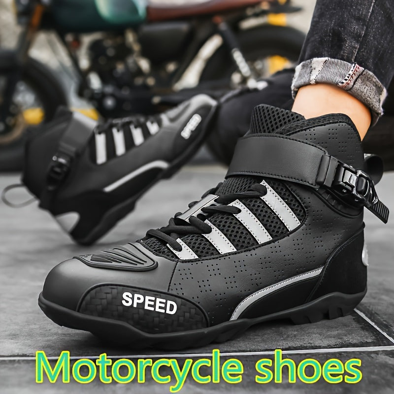 Men's motorcycle riding boots for off-road motorcycles. Ankle high PU leather shoes with protective gear and adjustable strap. Perforated breathable design.