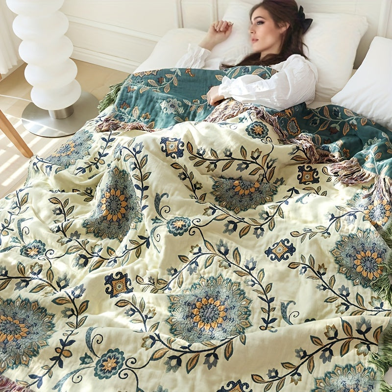 1 piece of soft cotton multi-layer gauze throw blanket featuring a tassel flower and leaf pattern. This versatile blanket can be used as a sofa towel, air conditioning blanket, summer cooling quilt, or a multi-function blanket. It is double-sided