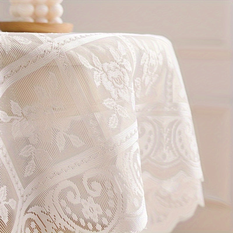 Polyester lace tablecloth for kitchen and dining decor, featuring elegant floral design.