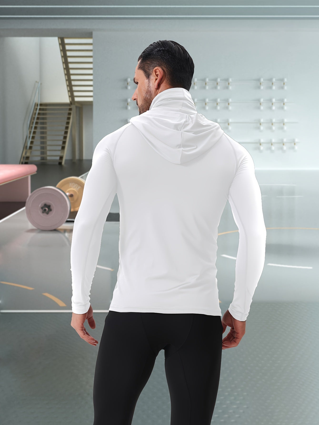 Men's hoodie with mask, quick-drying and breathable long-sleeve t-shirt, spring and autumn compression sports top enhances workout performance, a gift.