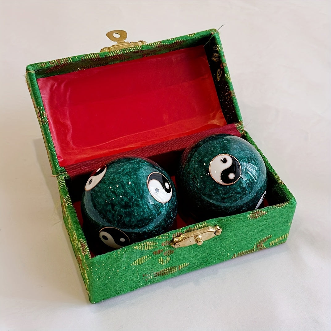 Chinese Vintage Tai Chi Yin Yang Metal Massage Balls for Hand Relaxation, Stress Relief, Wrist Exercise, Hand Therapy, with Travel Case - Ideal Holiday Gift.