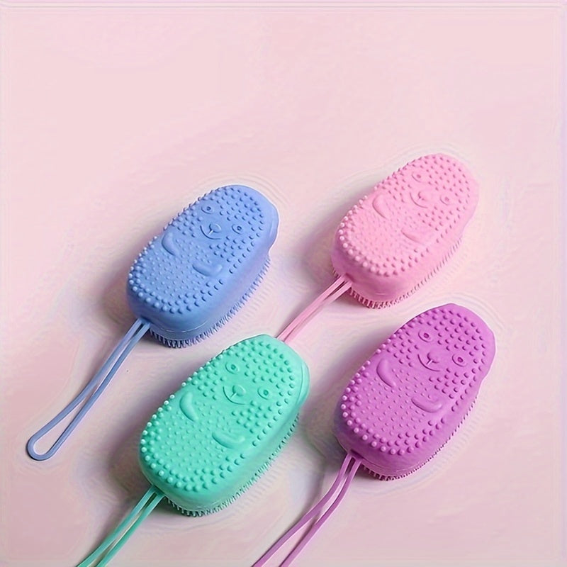 Silicone body scrubber for exfoliating and cleaning in the shower.