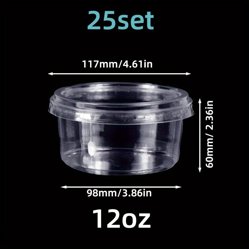 25 sets of clear plastic dessert cups with lids made from PET material, designed for reuse. These round candy packaging boxes are perfect for cakes, sweets, and fruit. They are transparent food containers suitable for both home and party use.